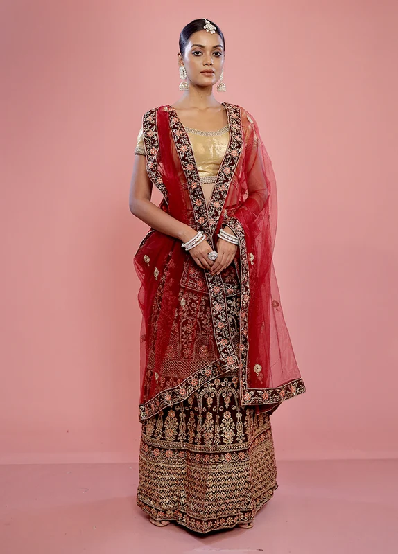 3 Pc Maroon Semi Stitched Silk Lehenga Set Onesize