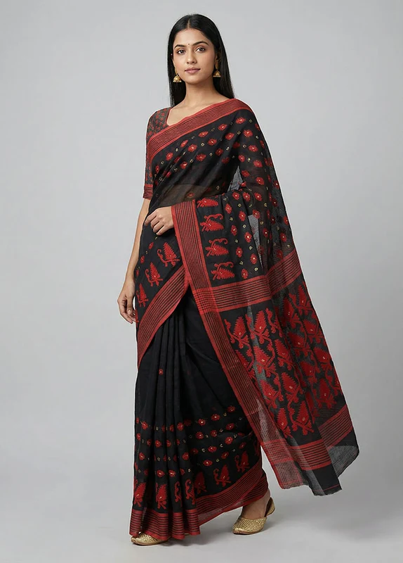 Grey Jamdani Cotton Saree Without Blouse Piece One Size