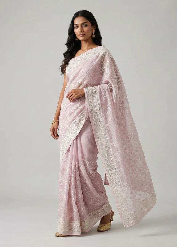 Purple Organza Saree With Blouse Piece One Size