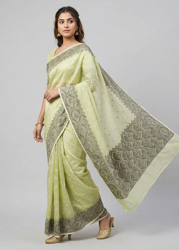 Green Organza Saree With Blouse Piece One Size