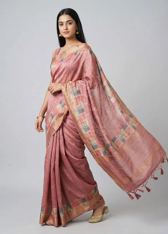 Pink Tussar Silk Saree With Blouse Piece One Size