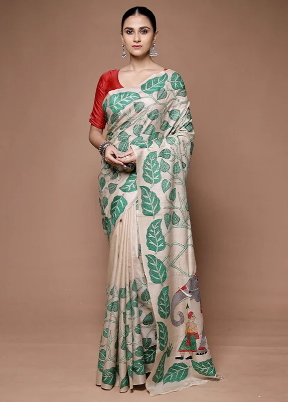 Cream Handloom Kantha Stitch Pure Silk Saree With Blouse Piece One Size