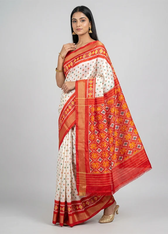 Cream Handloom Ikkat Pure Silk Saree With Blouse Piece One Size