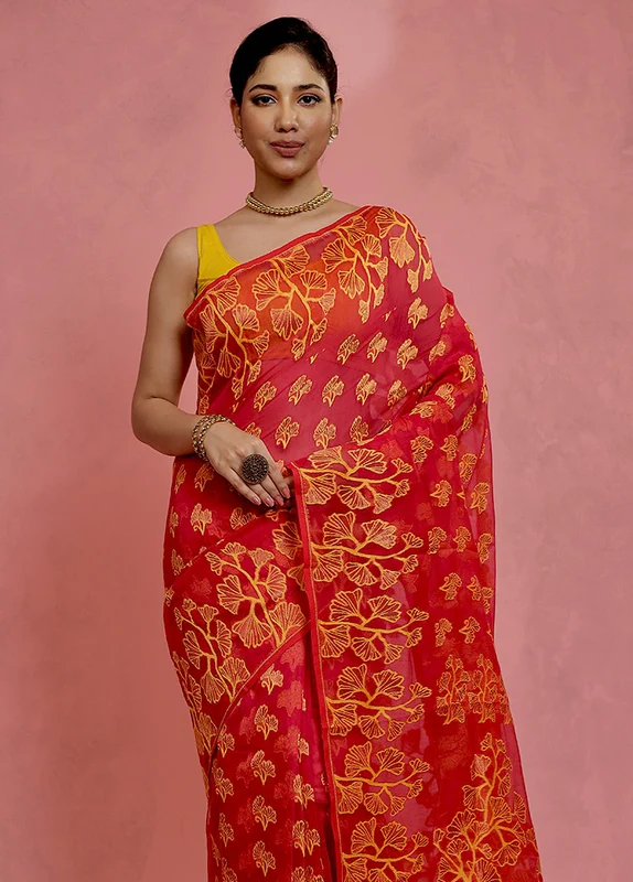 Pink Tant Jamdani Saree Without Blouse Piece Onesize