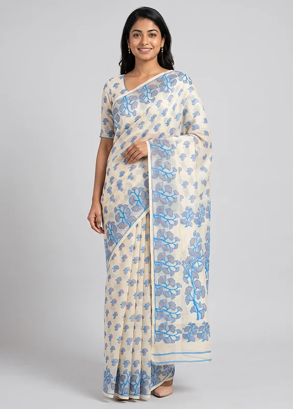 White Jamdani Cotton Saree Without Blouse Piece One Size