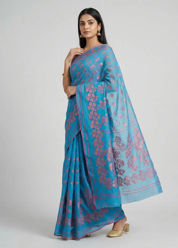 Blue Jamdani Cotton Saree Without Blouse Piece One Size