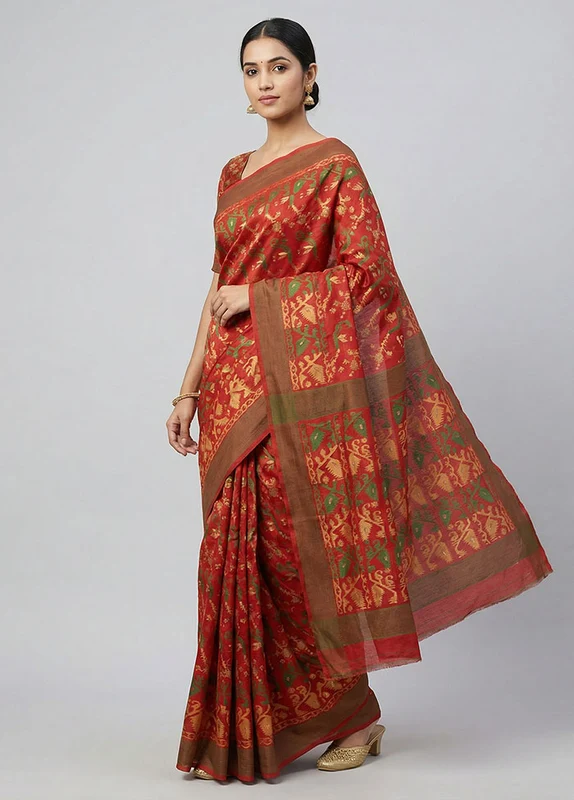 Red Jamdani Cotton Saree Without Blouse Piece One Size