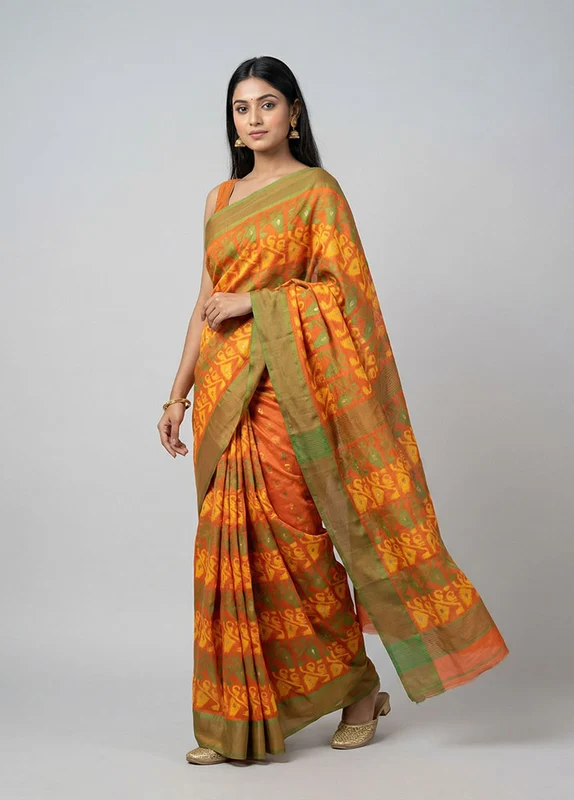 Rust Jamdani Cotton Saree Without Blouse Piece One Size