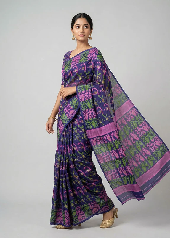 Blue Jamdani Cotton Saree Without Blouse Piece One Size