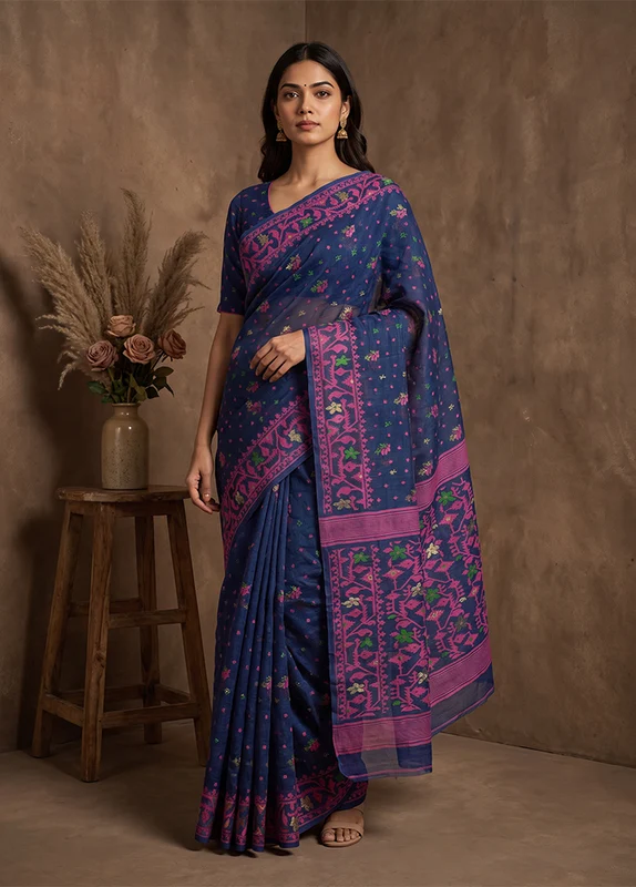 Blue Jamdani Cotton Saree Without Blouse Piece One Size