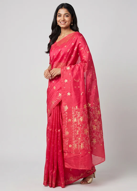 Red Jamdani Cotton Saree Without Blouse Piece One Size