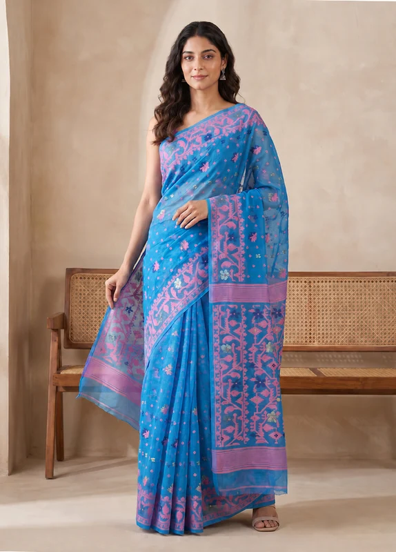 Blue Jamdani Cotton Saree Without Blouse Piece One Size