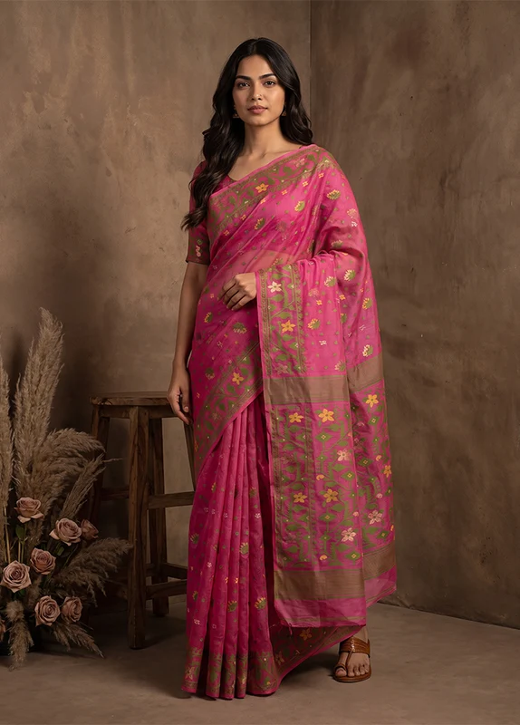 Pink Jamdani Cotton Saree Without Blouse Piece One Size