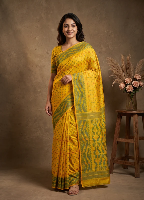 Yellow Jamdani Cotton Saree Without Blouse Piece One Size