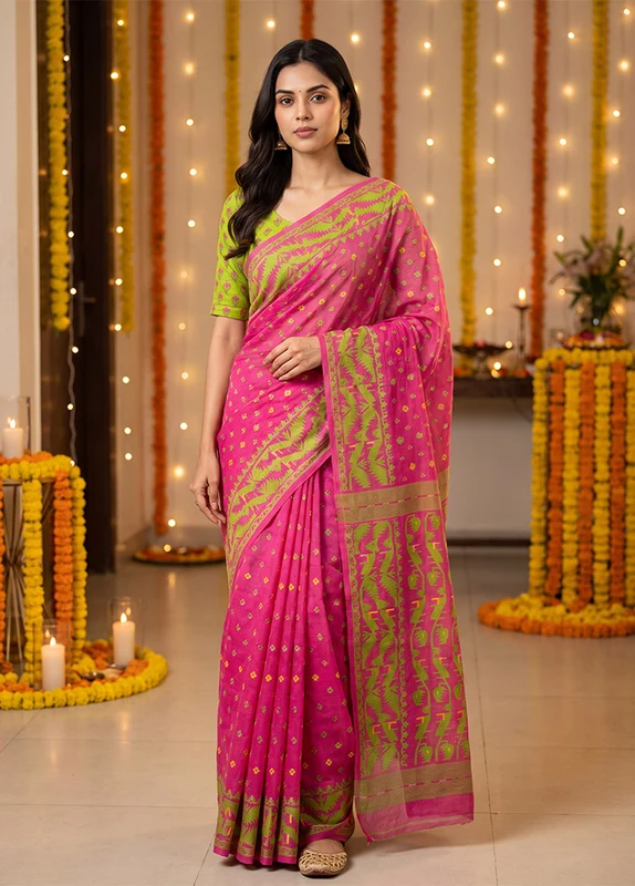 Pink Jamdani Cotton Saree Without Blouse Piece One Size