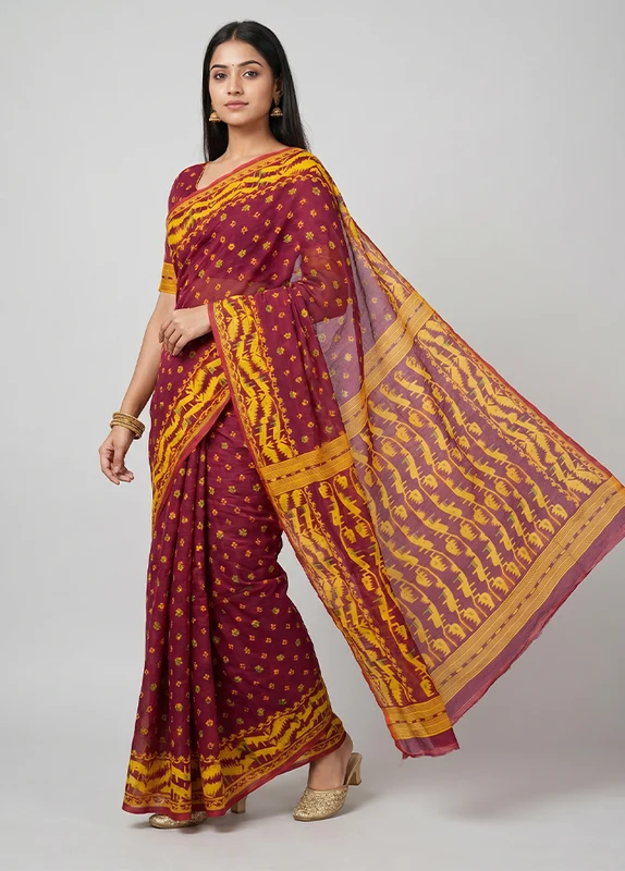 Purple Jamdani Cotton Saree Without Blouse Piece One Size
