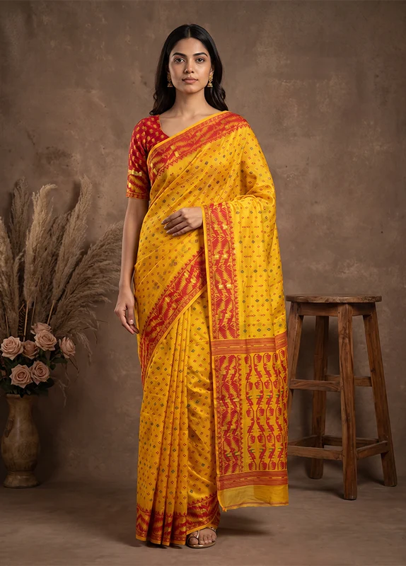 Yellow Jamdani Cotton Saree Without Blouse Piece One Size
