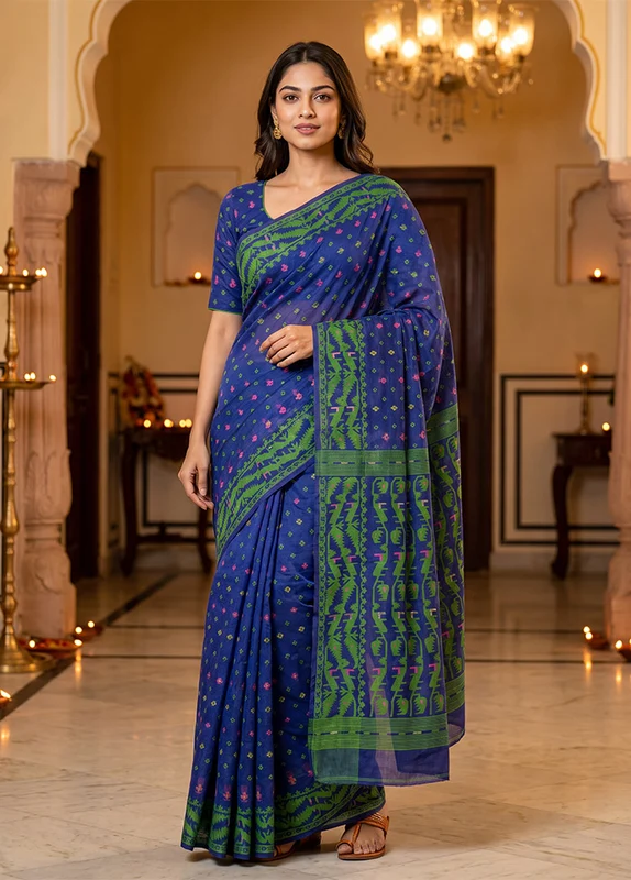 Blue Jamdani Cotton Saree Without Blouse Piece One Size