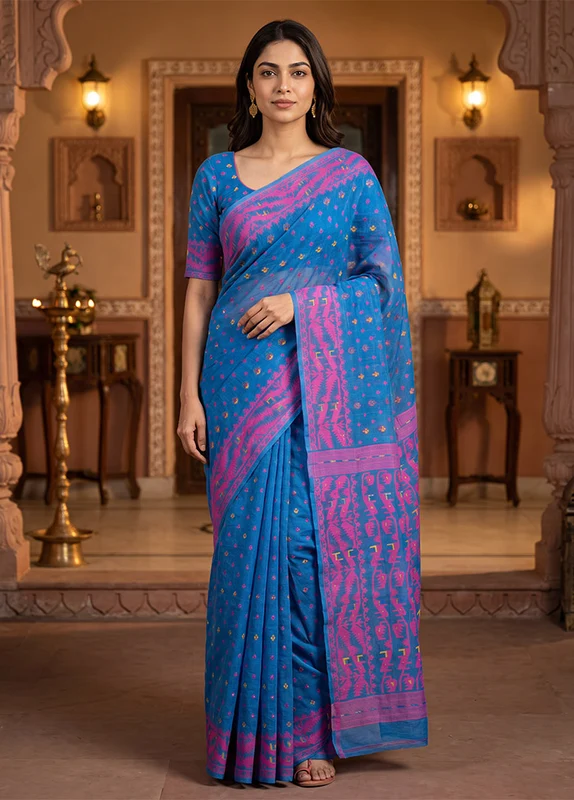 Blue Jamdani Cotton Saree Without Blouse Piece One Size