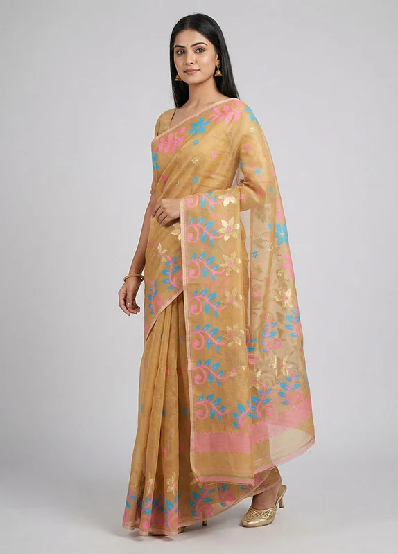 Cream Jamdani Cotton Saree Without Blouse Piece One Size