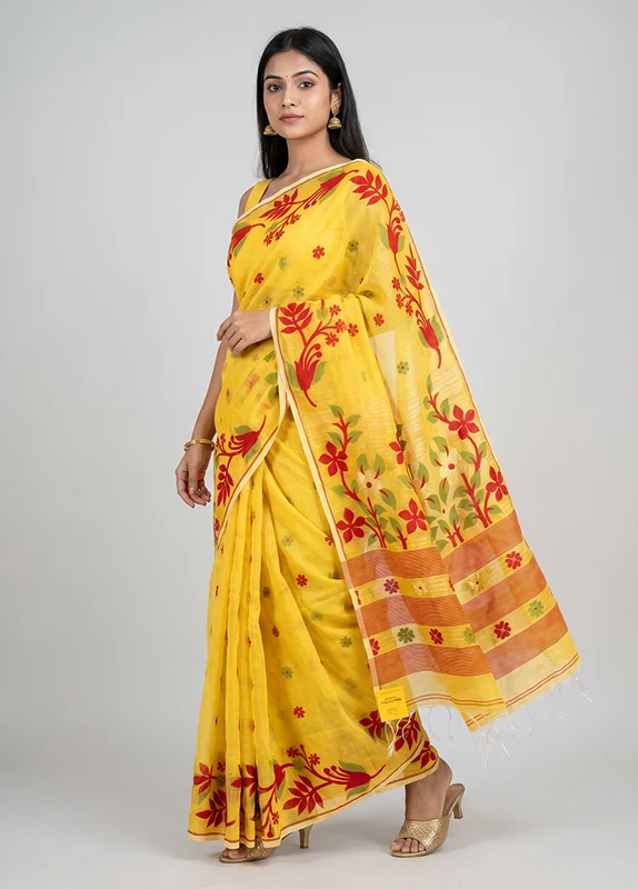 Yellow Cotton Saree With Blouse Piece One Size