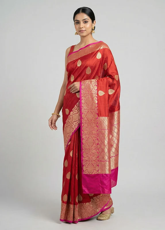 Maroon Handloom Katan Pure Silk Saree With Blouse Piece One Size