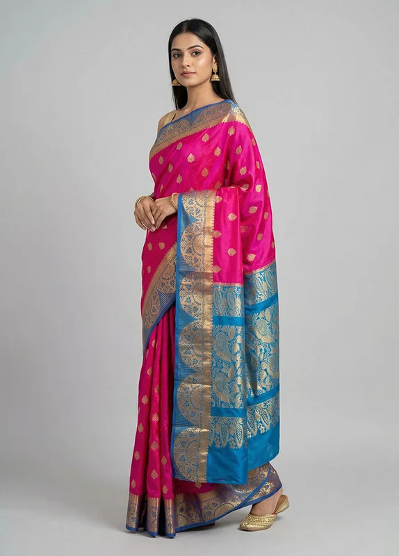 Pink Handloom Kanjivaram Pure Silk Saree With Blouse Piece One Size