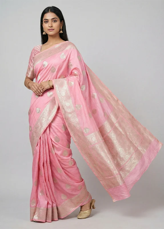 Pink Katan Silk Saree With Blouse Piece One Size