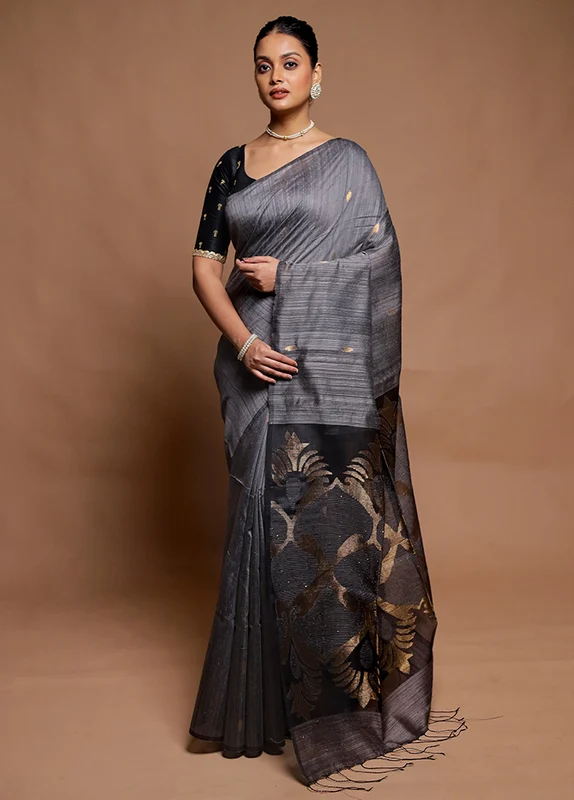 Grey Handloom Matka Pure Silk Saree With Blouse Piece Onesize