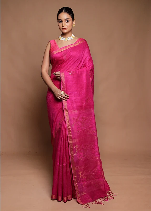 Pink Handloom Matka Pure Silk Saree With Blouse Piece Onesize