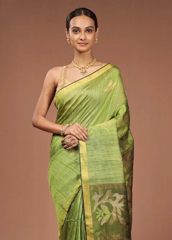 Green Handloom Matka Pure Silk Saree With Blouse Piece One Size