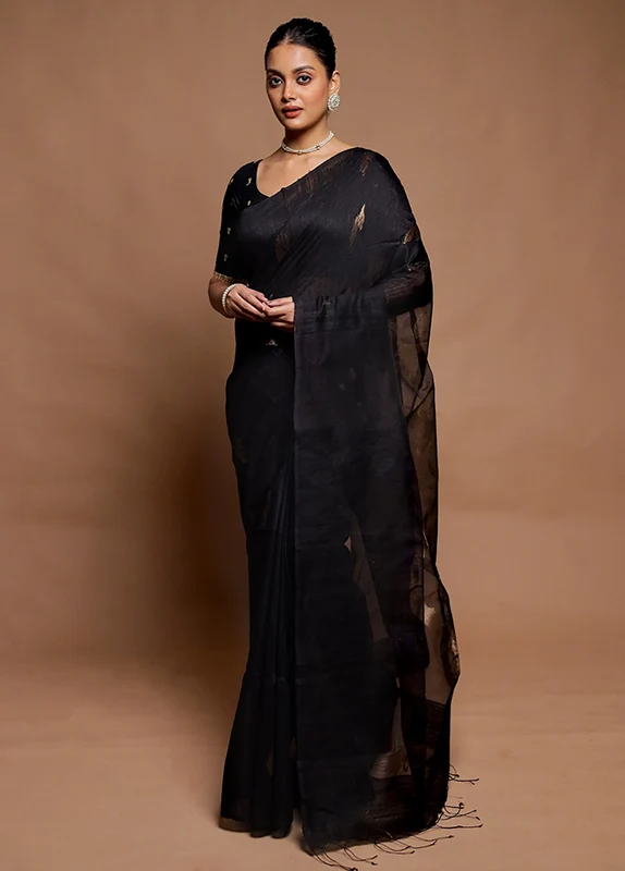Black Handloom Matka Pure Silk Saree With Blouse Piece Onesize