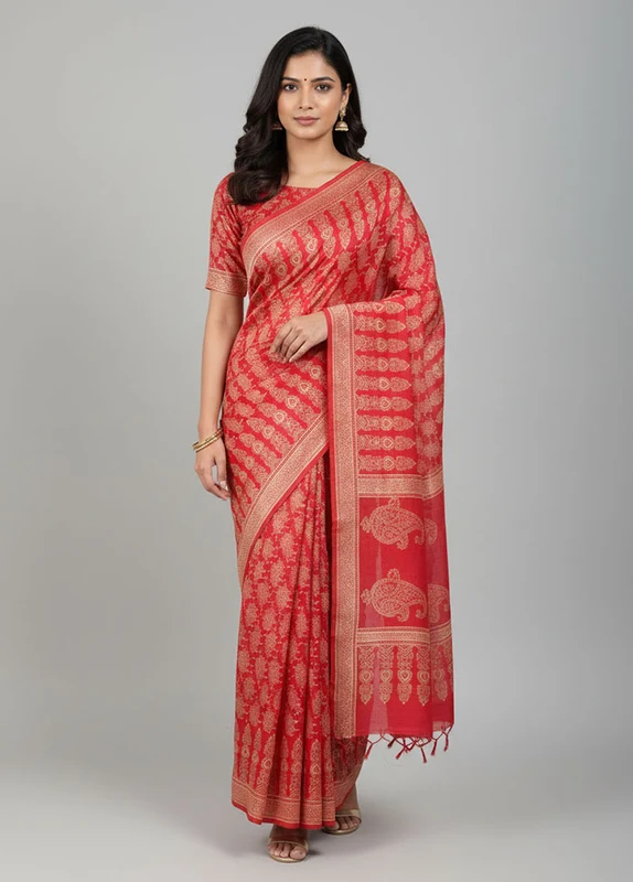 Pink Printed Silk Saree Without Blouse Piece One Size