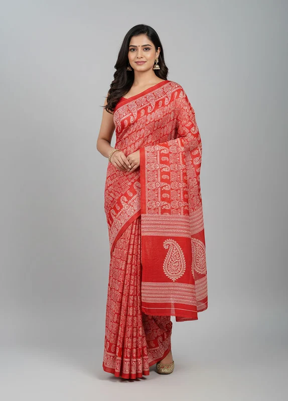 Red Printed Pure Silk Saree Without Blouse Piece One Size