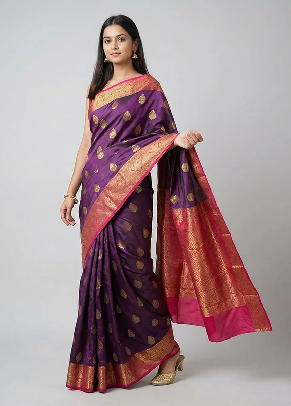 Purple Handloom Kanchipuram Pure Silk Saree With Blouse Piece One Size