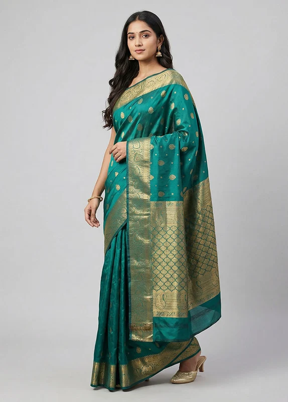 Green Kanjivaram Silk Saree With Blouse Piece One Size