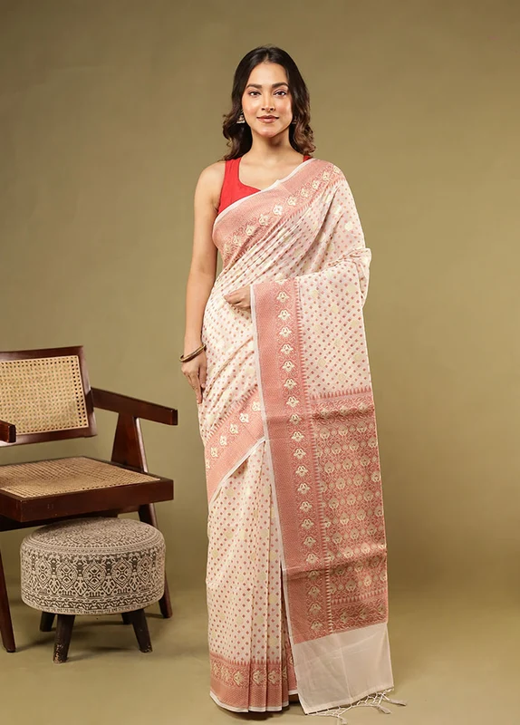 Cream Pure Cotton Saree With Blouse Piece One Size