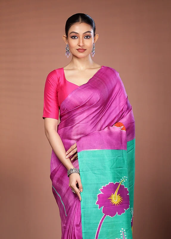 Pink Printed Pure Silk Saree Without Blouse Piece One Size