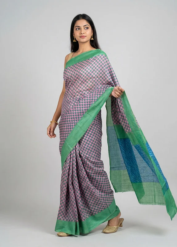 Pink Printed Silk Saree Without Blouse Piece One Size
