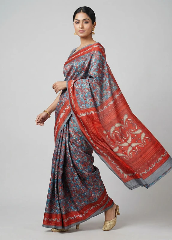 Grey Printed Silk Saree Without Blouse Piece One Size