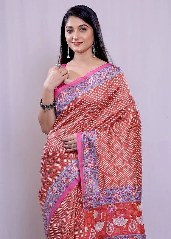 Rust Printed Silk Saree With Blouse Piece Onesize