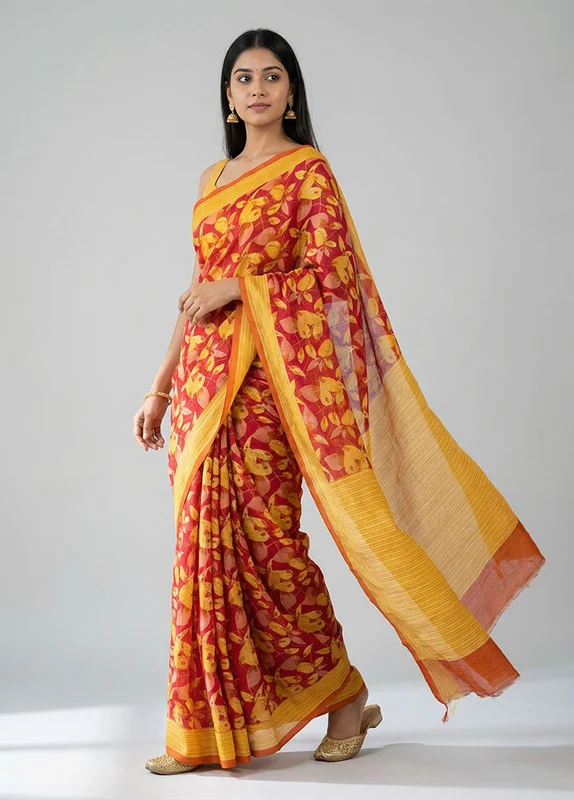 Pink Printed Silk Saree Without Blouse Piece One Size