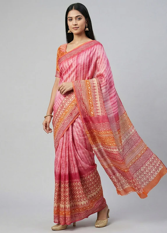 Pink Printed Pure Silk Saree Without Blouse Piece One Size