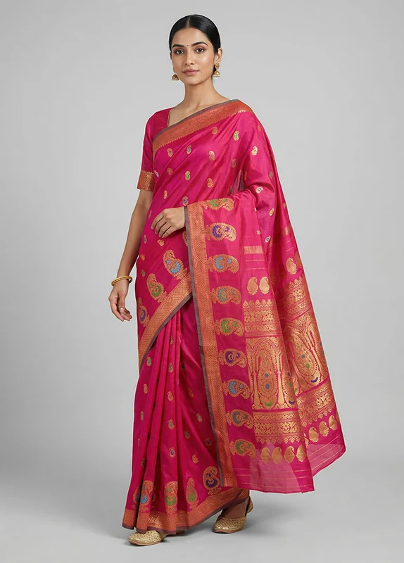 Pink Gadwal Pure Silk Saree Without Blouse Piece One Size