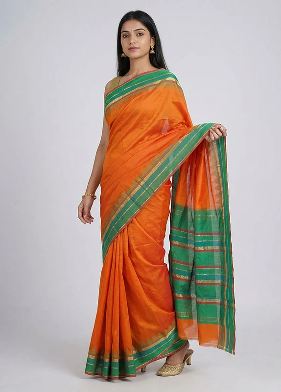Rust Kanjivaram Silk Saree With Blouse Piece One Size
