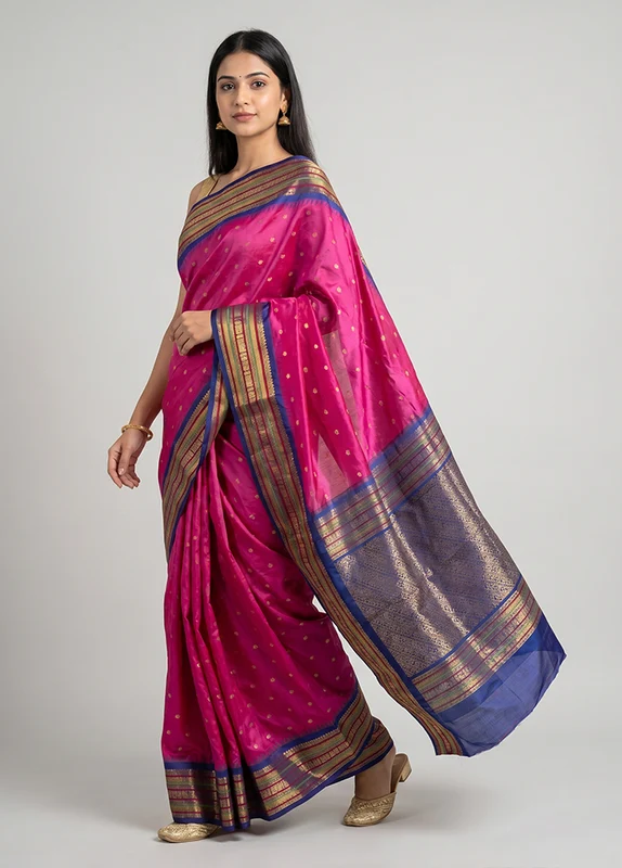 Pink Kanjivaram Silk Saree With Blouse Piece One Size