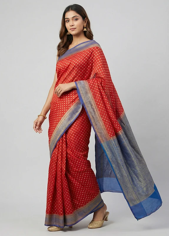 Red Dupion Silk Saree With Blouse Piece One Size