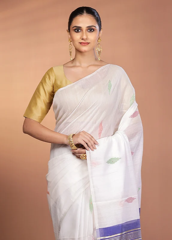 White Matka Silk Saree With Blouse Piece One Size
