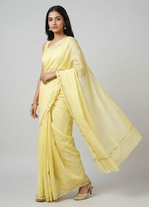 Yellow Chanderi Cotton Saree With Blouse Piece One Size