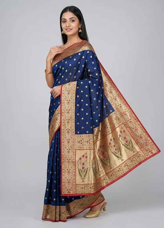 Blue Dupion Silk Saree With Blouse Piece One Size
